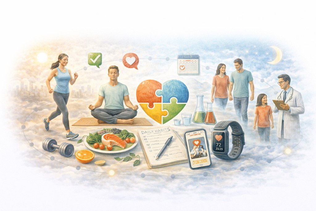 Illustration representing lifestyle-based health strategies including physical activity, healthy nutrition, daily habits, and long-term wellness