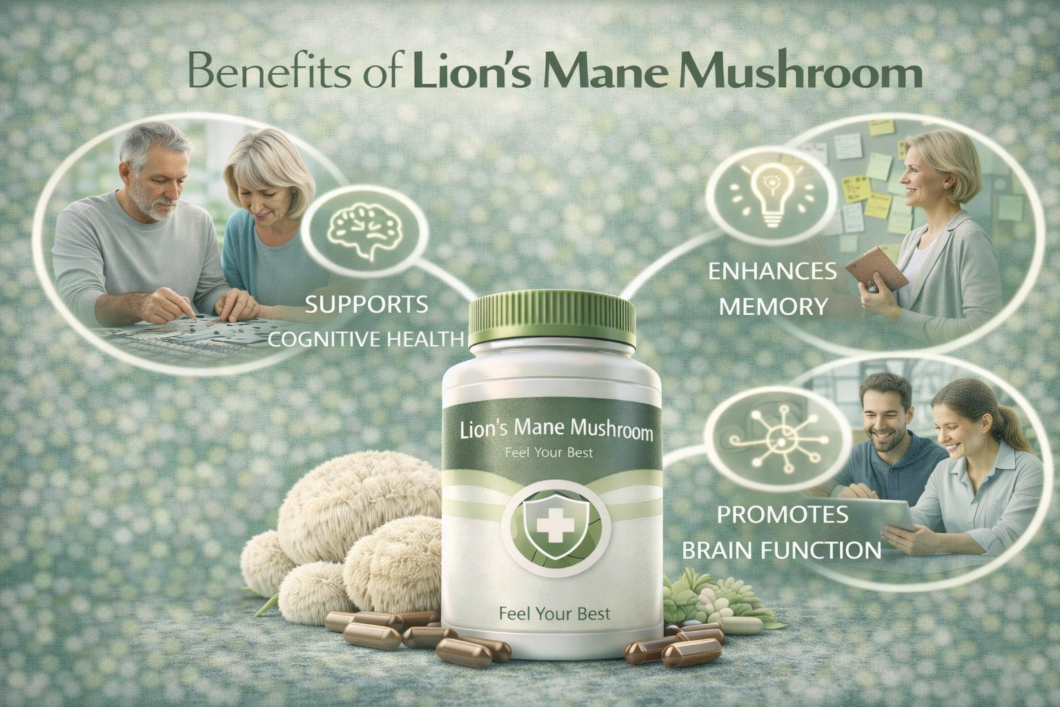 Infographic showing key benefits of Lion's Mane mushroom including improved memory, cognitive support, mental clarity, and brain health