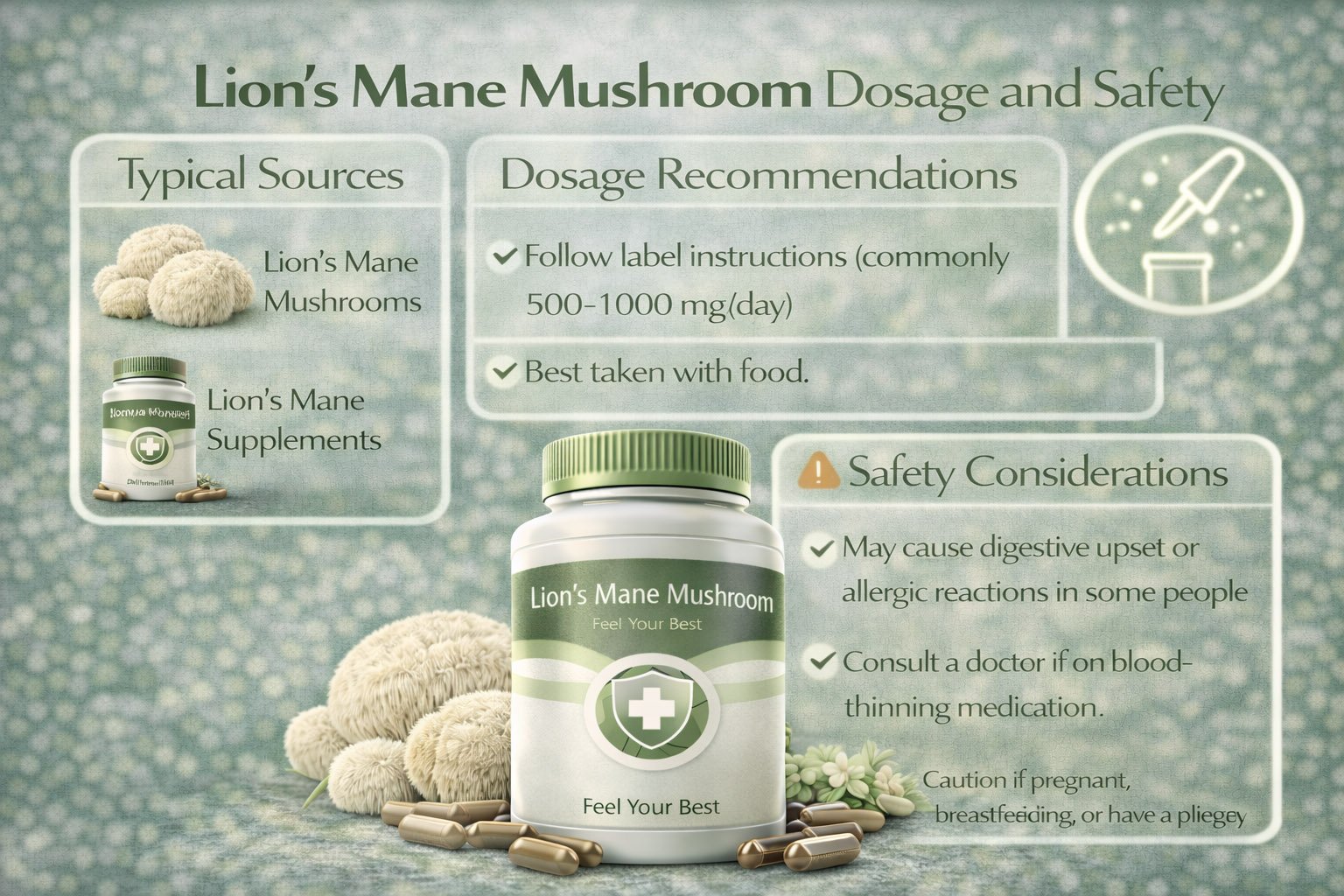 Infographic showing Lion's Mane mushroom dosage recommendations, safety guidelines, and proper supplement use for cognitive and brain health support