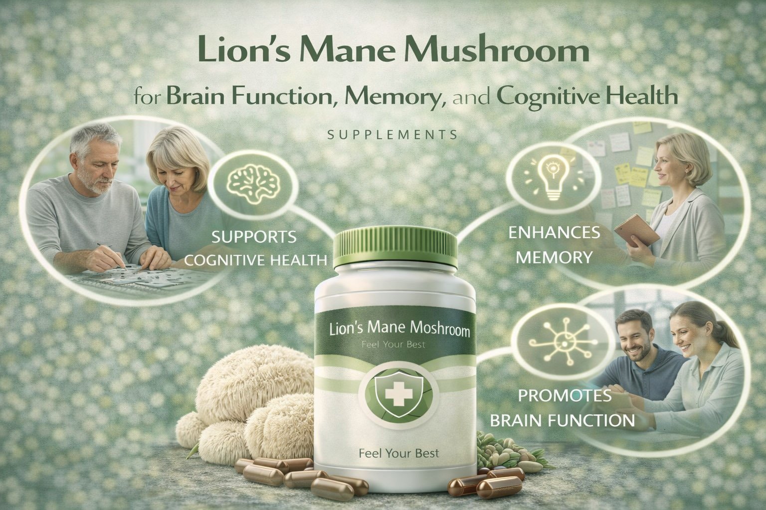 Lion's Mane mushroom supplement infographic showing benefits for brain function, memory support, cognitive performance, and mental clarity