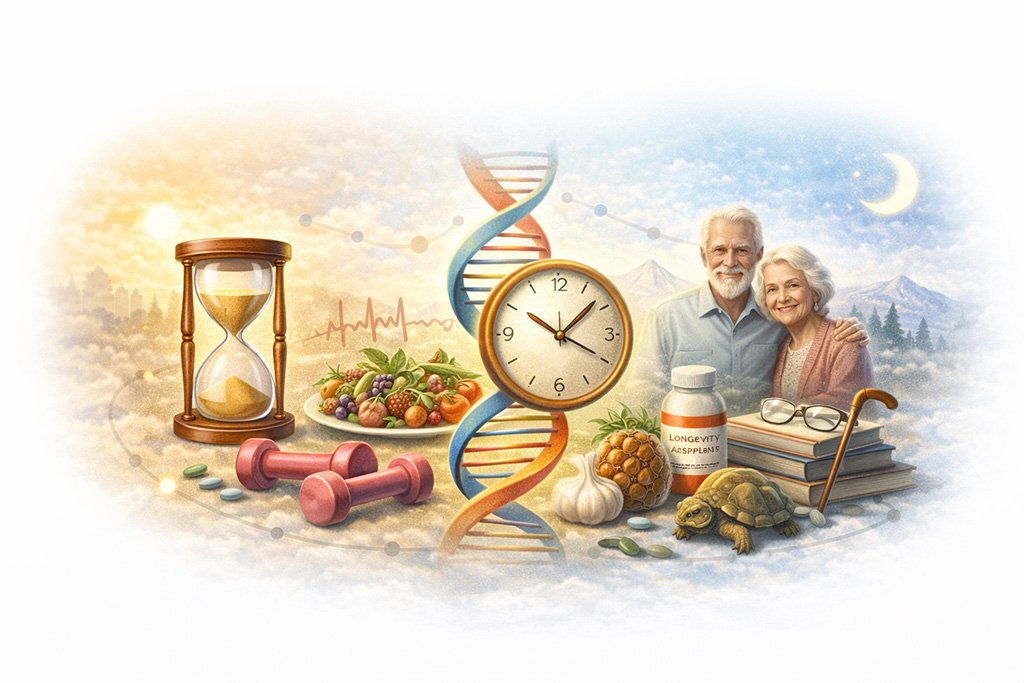 Illustration representing longevity and healthy aging concepts including genetics, nutrition, exercise, and senior well-being