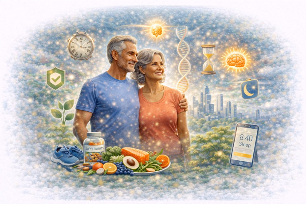 Longevity concepts including healthy lifestyle, balanced nutrition, and habits that support long-term health and lifespan