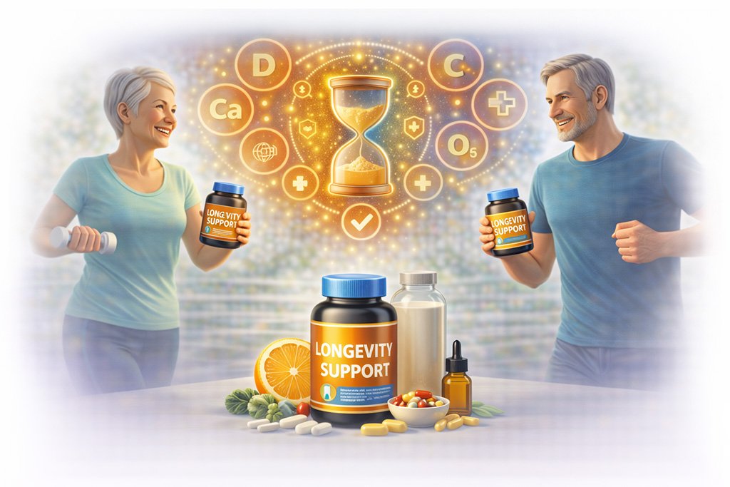 Longevity support nutrients with active older adults exercising to promote healthy aging, vitality and long-term wellness