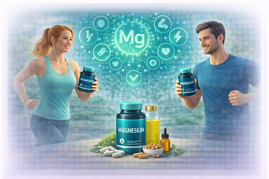 Magnesium supplements with active adults exercising to support muscle function, relaxation, energy production and overall wellness