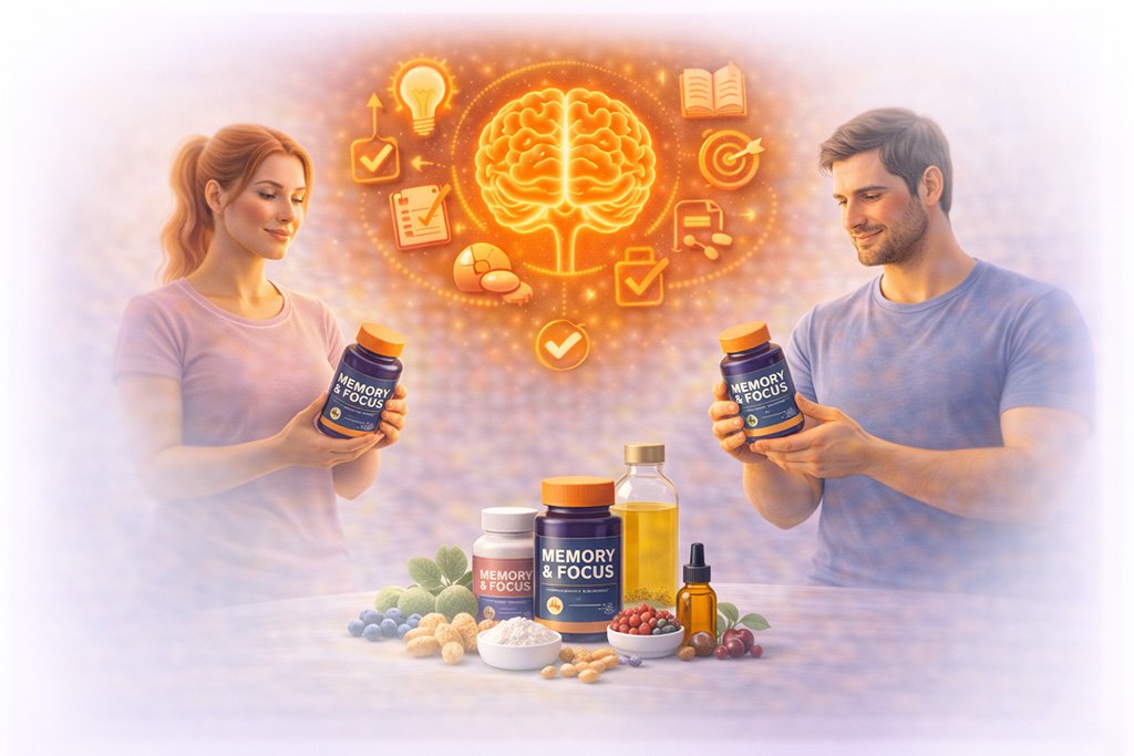 Young adults holding memory and focus supplements with ingredients and symbols representing attention, learning and cognitive performance