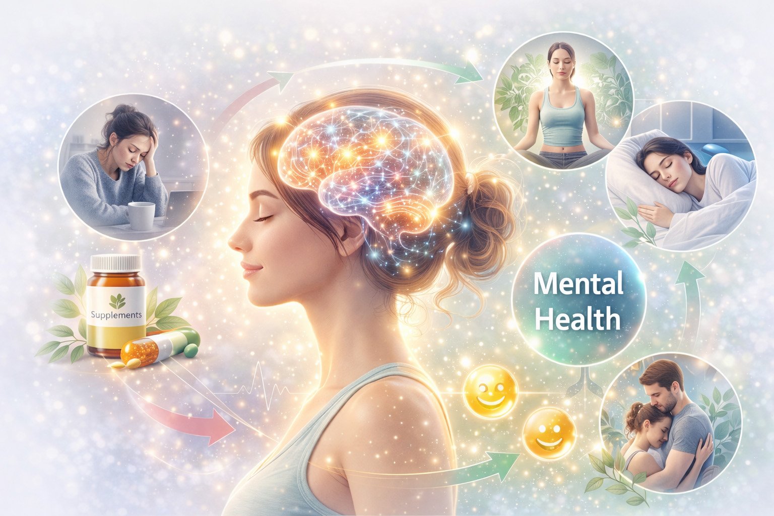 Mental health concept showing brain function, emotional balance, and cognitive well-being