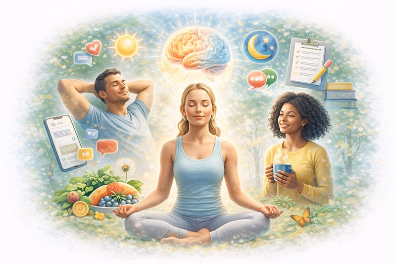 Illustration showing mental health, emotional balance, relaxation techniques, and healthy habits that support psychological well-being.