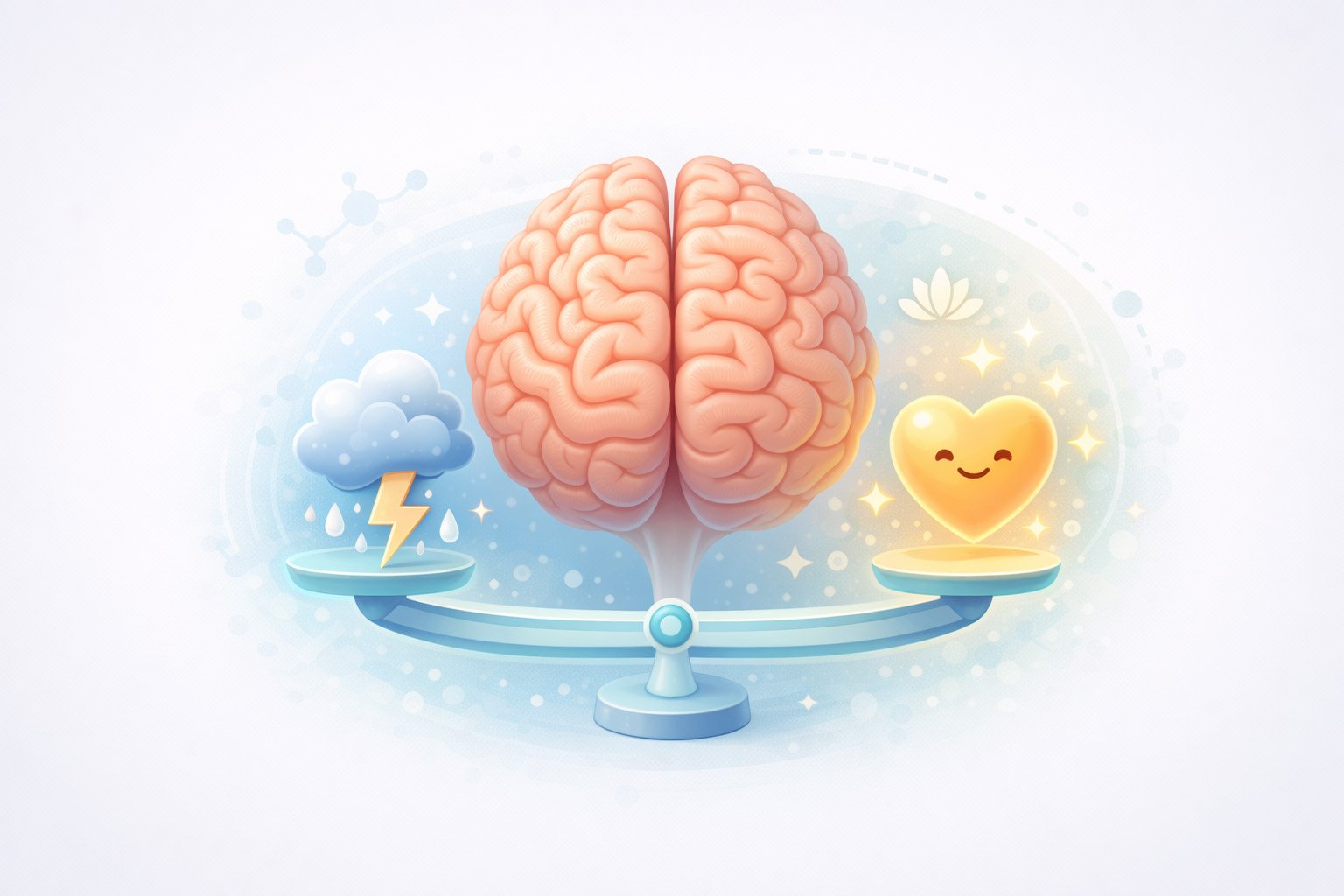Illustration of a brain and emotional balance symbols representing mental health, mood stability, and emotional well-being