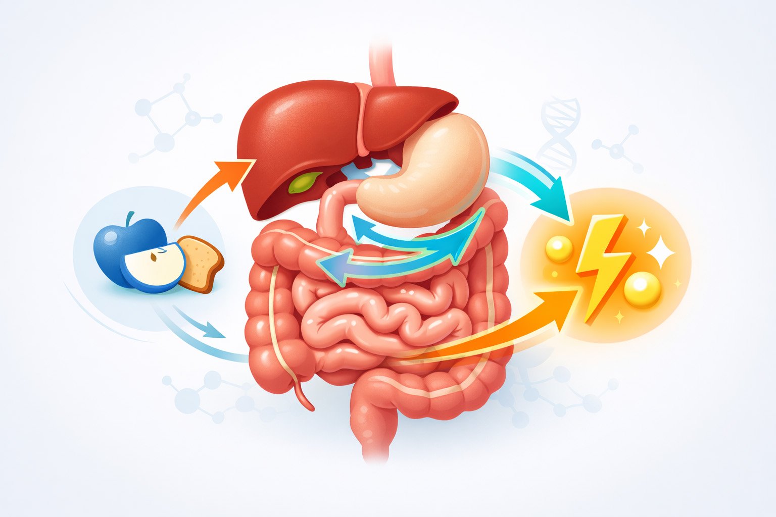 Illustration of digestive organs and energy symbols representing metabolism, digestion, and energy production in the human body