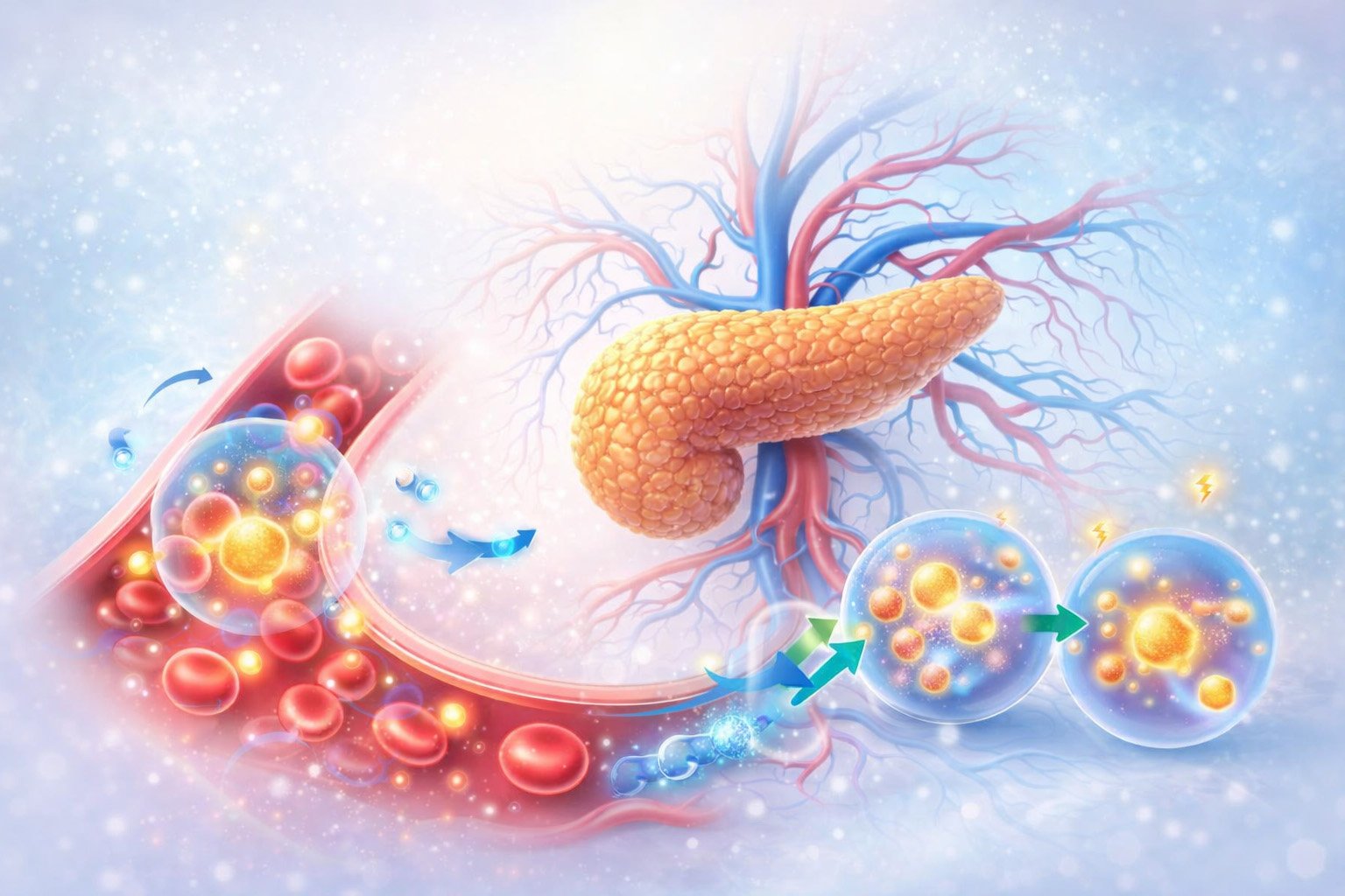 Metabolism and energy production illustration showing pancreas, bloodstream, and cellular glucose utilization