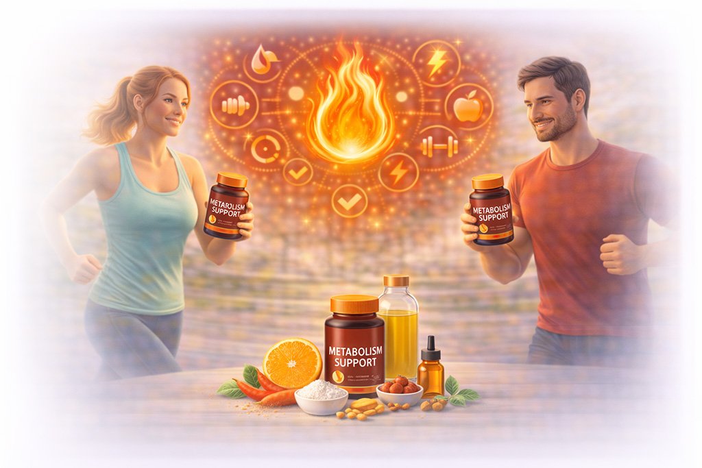 Active adults running while using metabolism support supplements with ingredients associated with energy production and fat metabolism