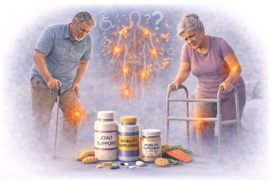 Mobility issues affecting older adults using cane and walker due to joint pain and reduced movement