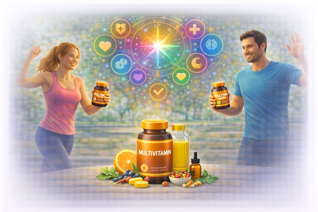 Multivitamin supplements with active adults exercising to support overall health, immunity, energy and daily nutritional balance