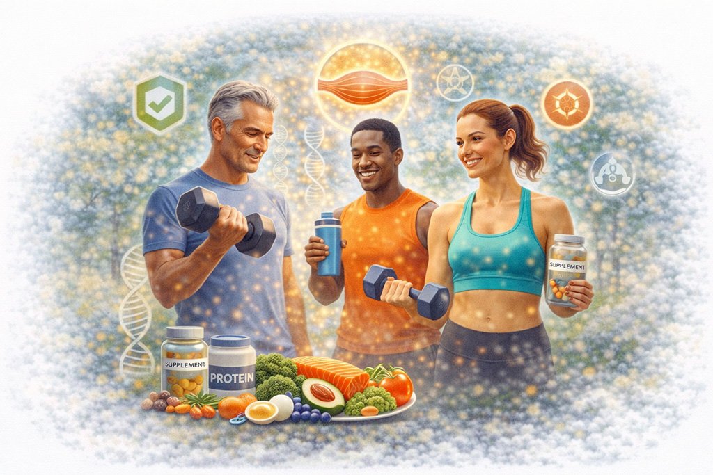 Muscle preservation concepts including strength training, protein nutrition, and habits that support muscle health with aging