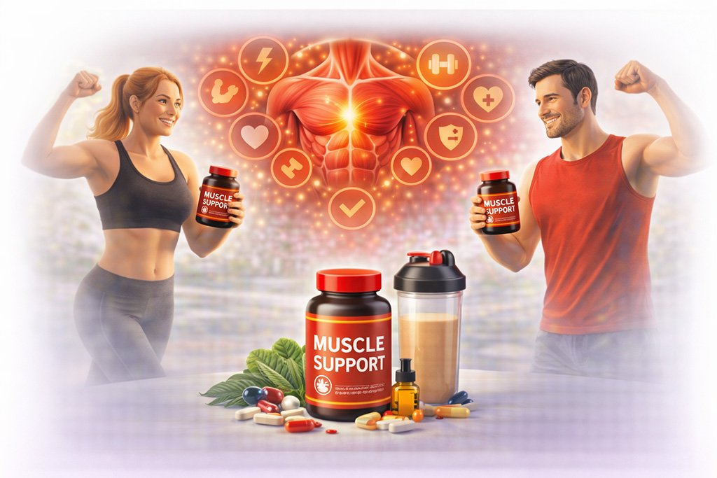 Muscle support supplements with active adults exercising to support muscle strength, recovery and physical performance