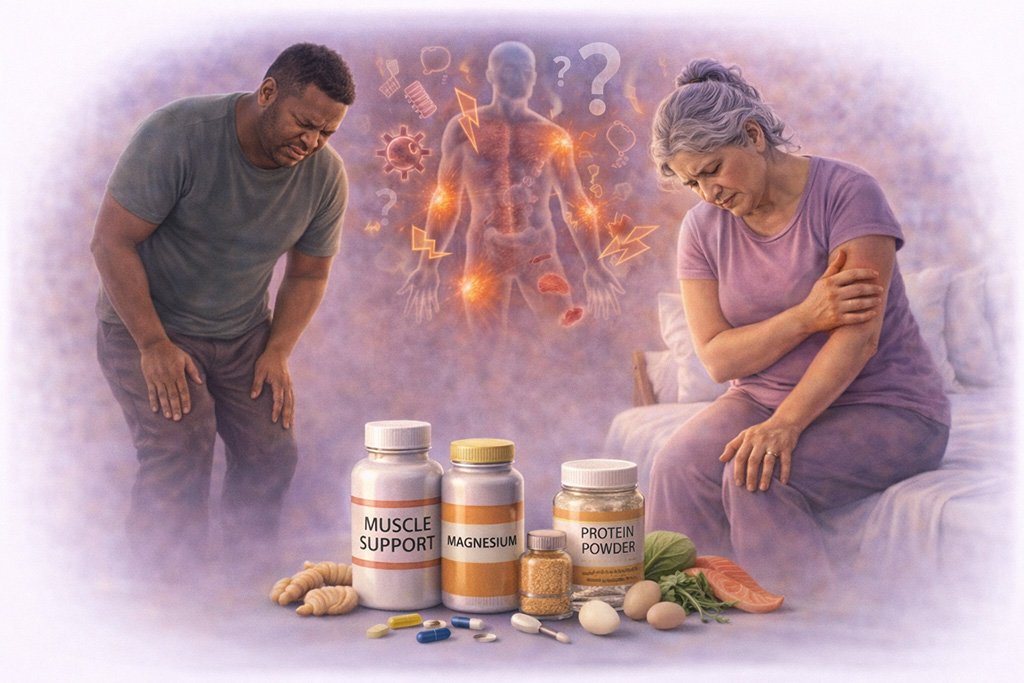 Muscle weakness symptoms affecting arms and legs with adults experiencing reduced strength and fatigue