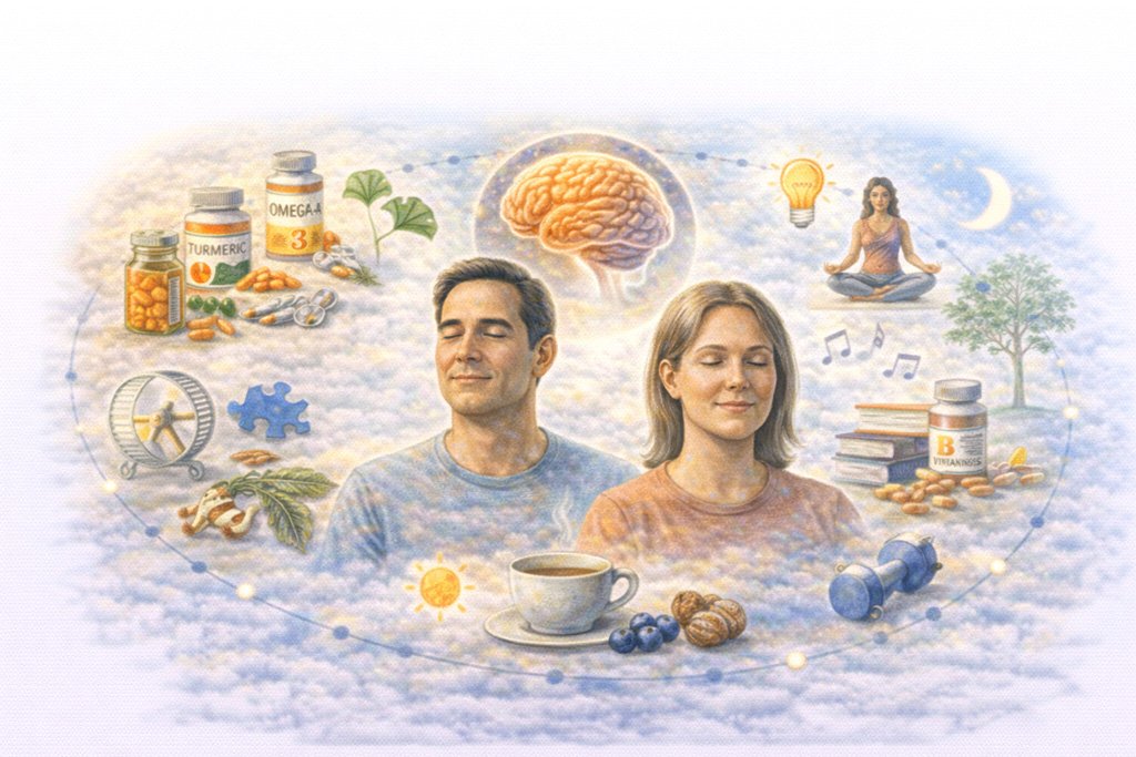 Illustration representing natural lifestyle habits that support brain health, including balanced nutrition, mental activity, physical exercise, and healthy routines