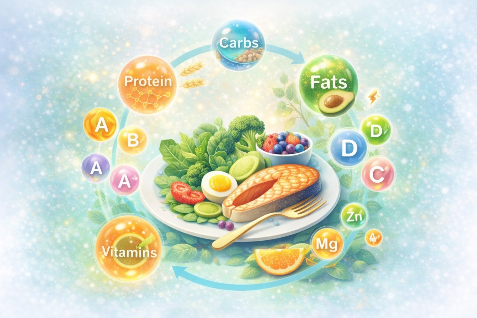 Nutrition illustration showing healthy foods, vitamins, and balanced diet supporting overall health and energy