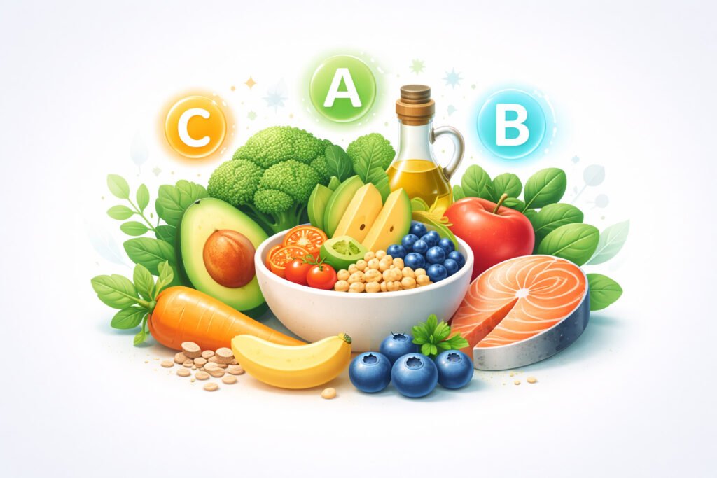 Illustration of healthy foods rich in vitamins and nutrients representing balanced nutrition and healthy eating