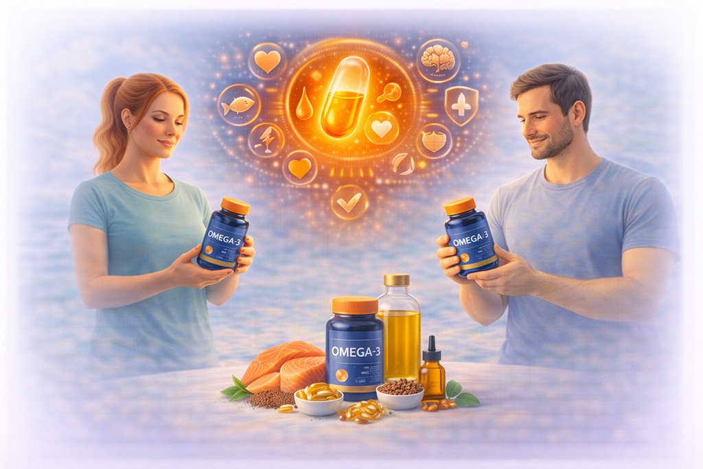 Adults holding omega-3 supplement bottles with sources like salmon and fish oil, representing heart and brain health support