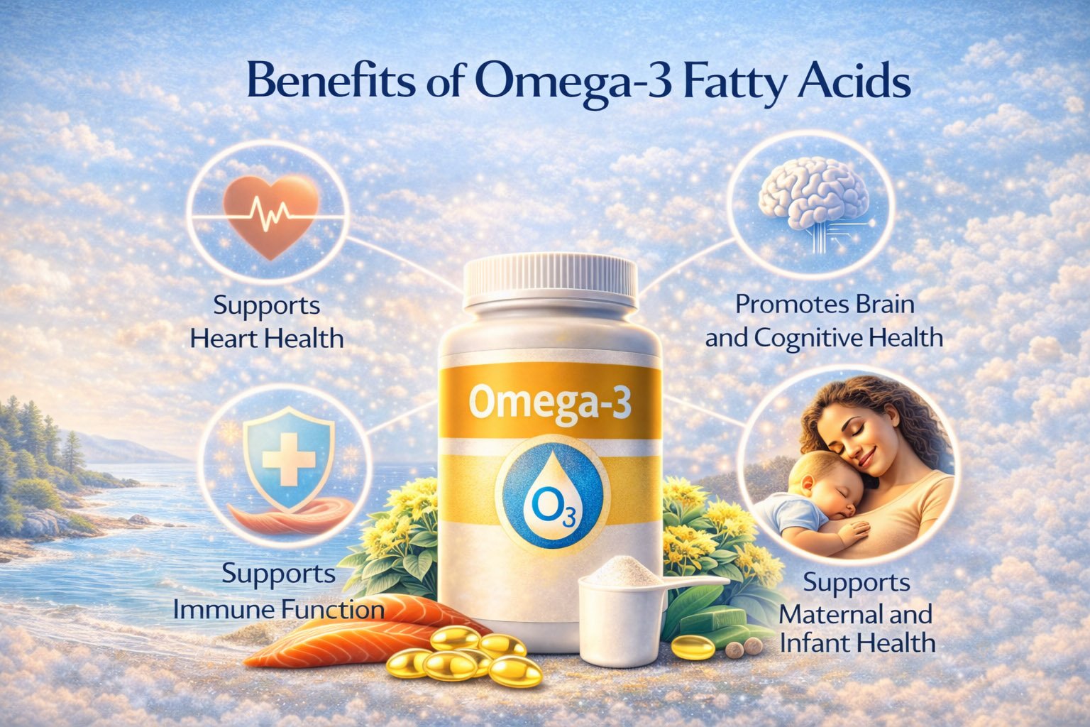 Infographic showing key benefits of omega-3 fatty acids including heart health, brain function, reduced inflammation, and joint support