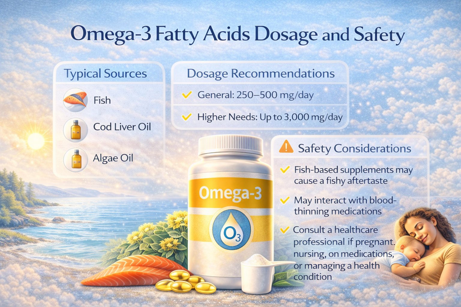 Infographic showing omega-3 dosage recommendations, safety guidelines, and proper supplement use for heart and brain health support