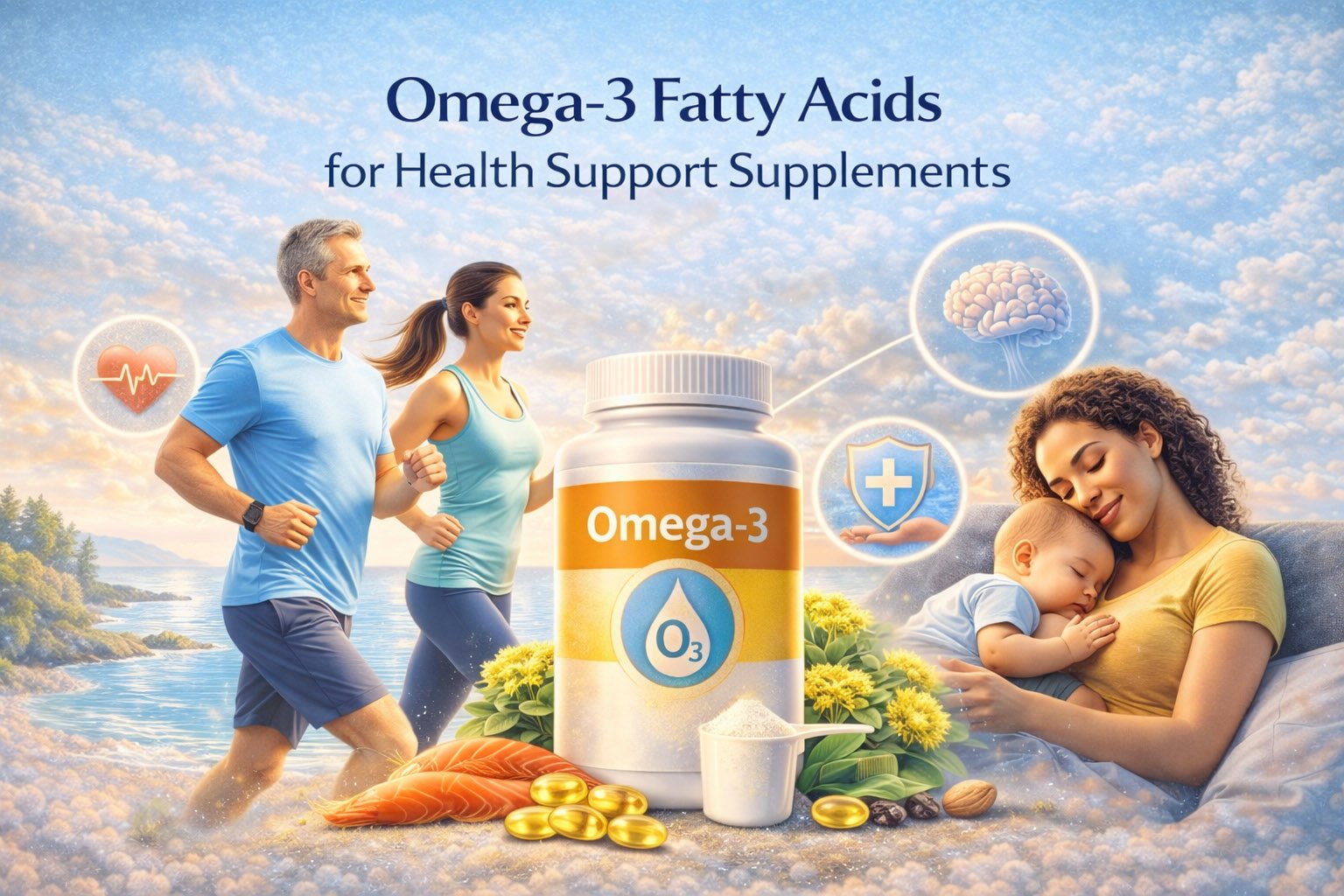 Omega-3 supplement infographic showing benefits for heart health, brain function, joint support, and overall wellness