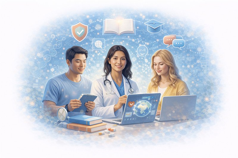 Illustration showing health professionals reviewing medical information, research data, and evidence-based health content.