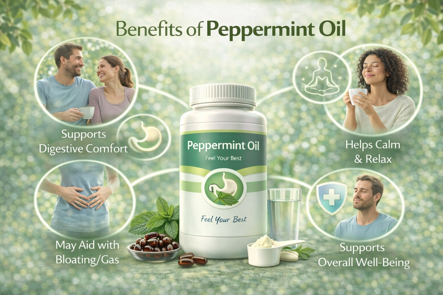 Infographic showing key benefits of peppermint oil including digestive relief, reduced bloating, stomach comfort, and gastrointestinal support