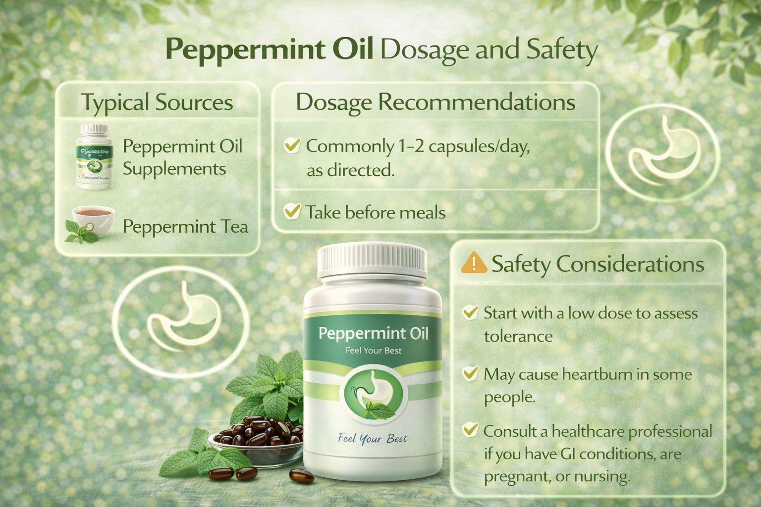 Infographic showing peppermint oil dosage recommendations, safety guidelines, and proper supplement use for digestive comfort and bloating relief