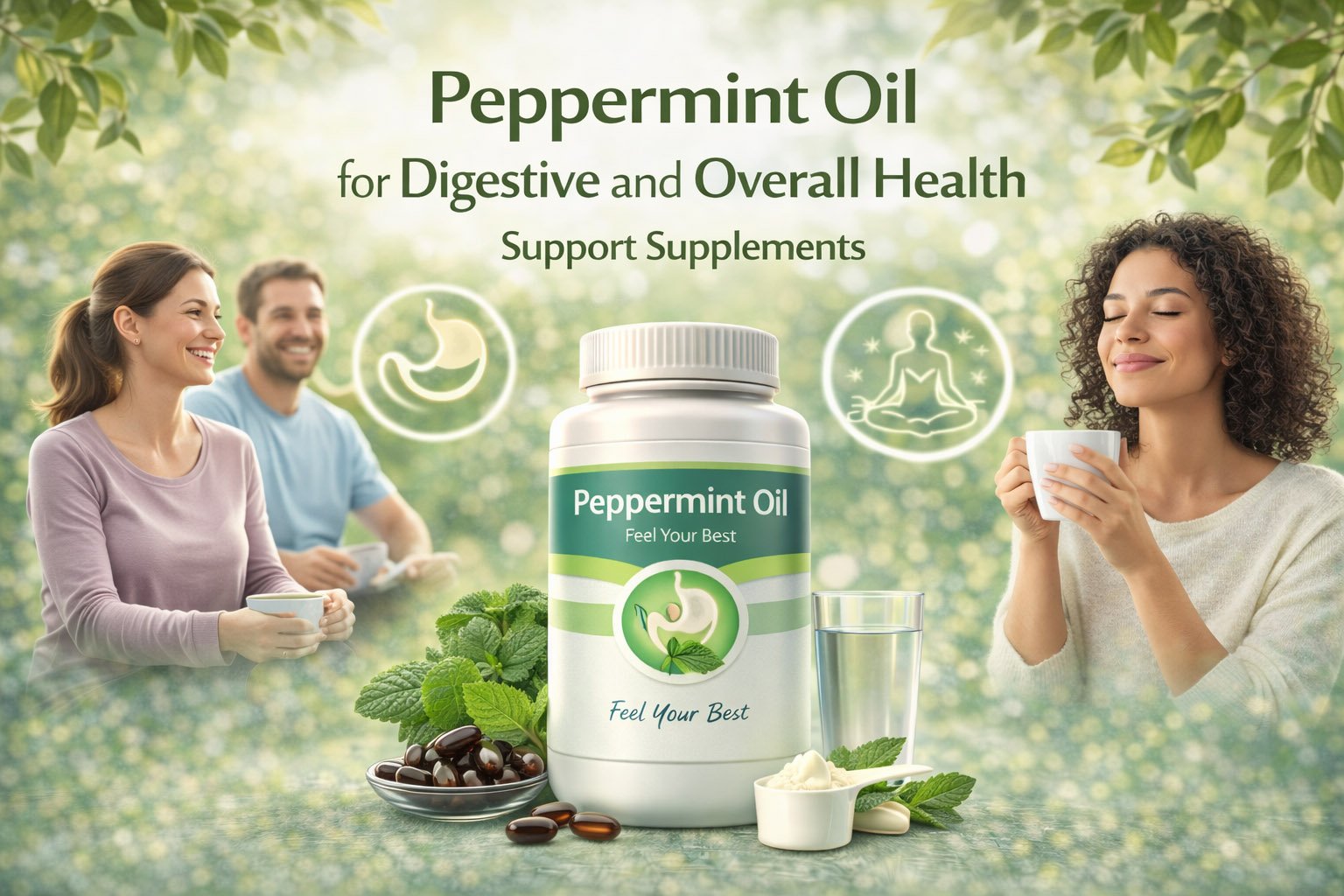 Peppermint oil supplement infographic showing benefits for digestive comfort, bloating relief, stomach support, and gut health