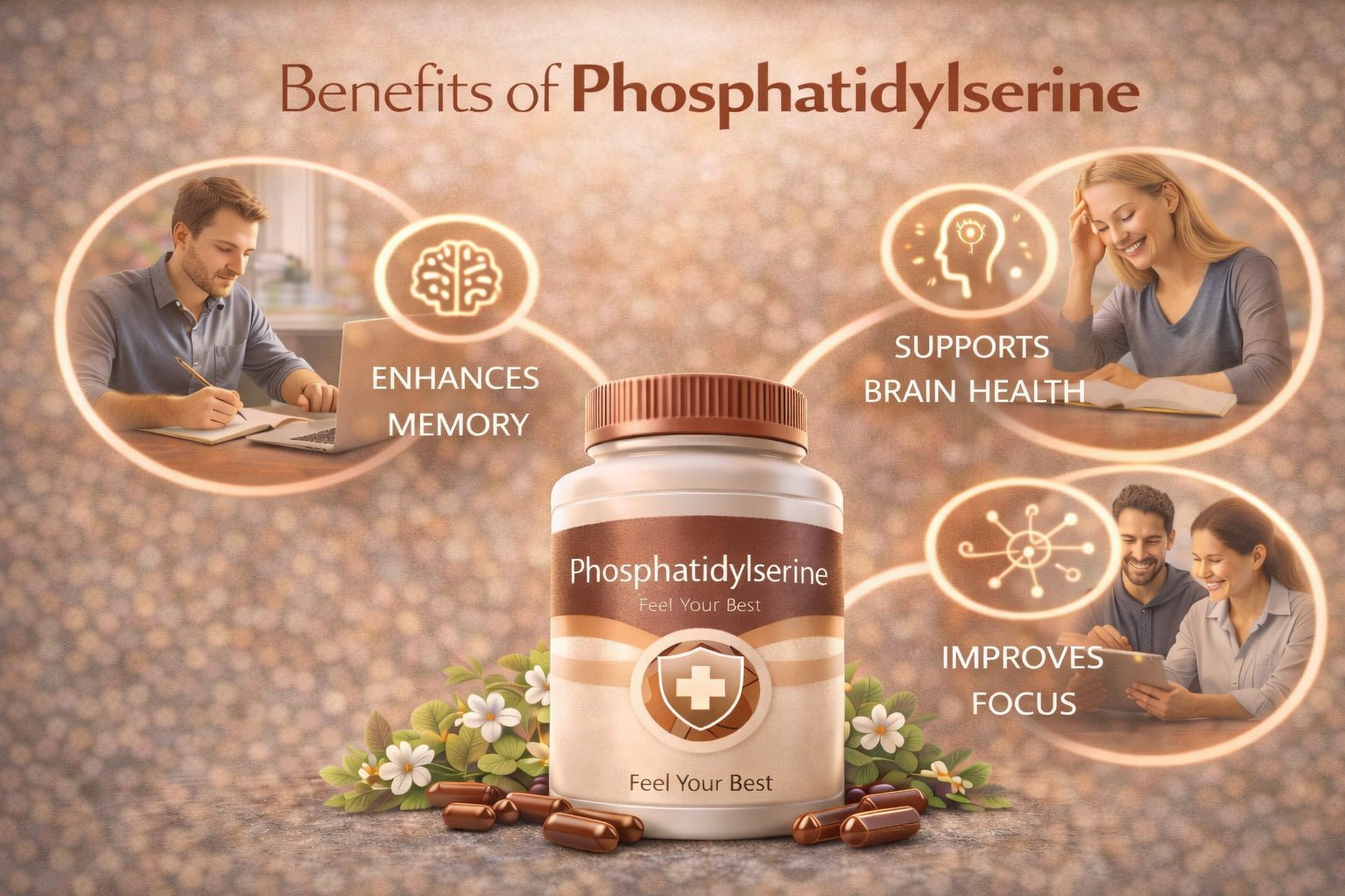 Infographic showing key benefits of phosphatidylserine including memory support, improved focus, cognitive performance, and brain health