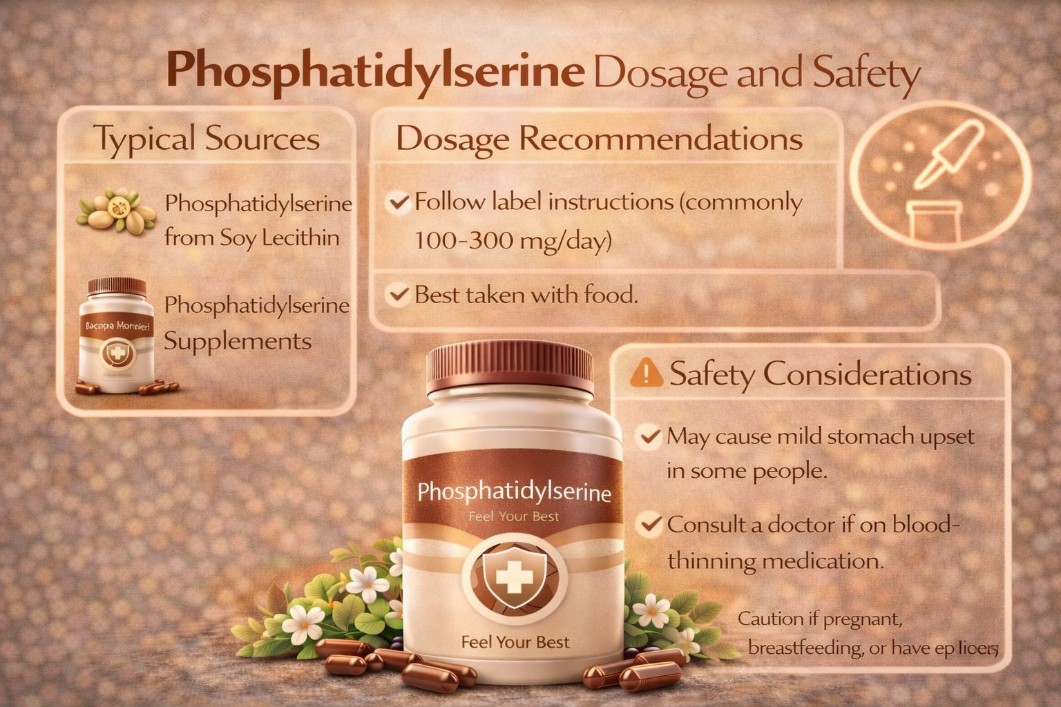 Infographic showing phosphatidylserine dosage recommendations, safety guidelines, and proper supplement use for memory and cognitive support