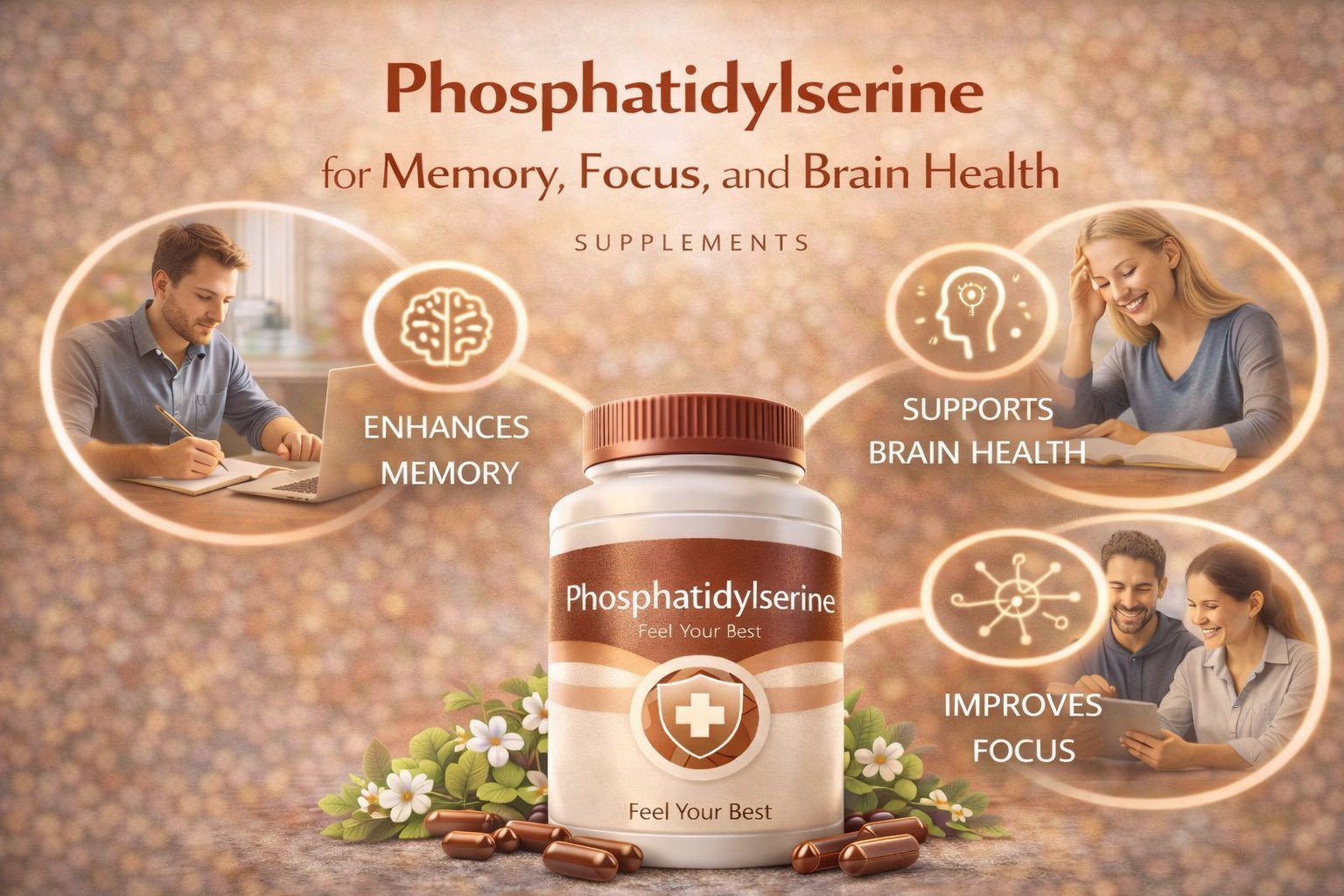 Phosphatidylserine supplement infographic showing benefits for memory support, focus, cognitive function, and brain health