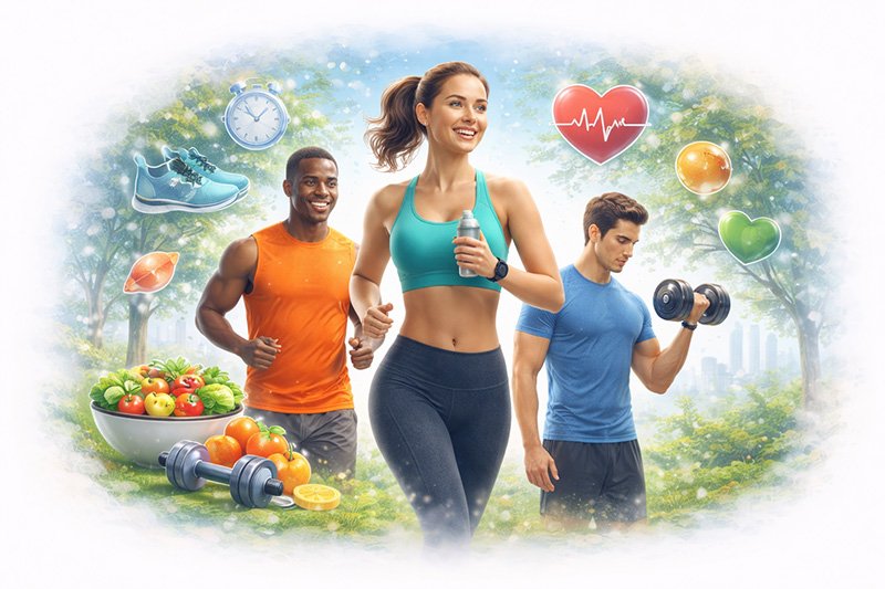 Illustration showing people exercising, maintaining physical fitness, and supporting overall physical health through active lifestyle habits.
