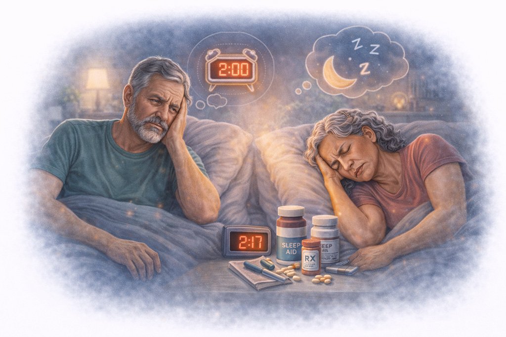 Poor sleep symptoms including difficulty falling asleep, frequent nighttime awakenings, and daytime fatigue