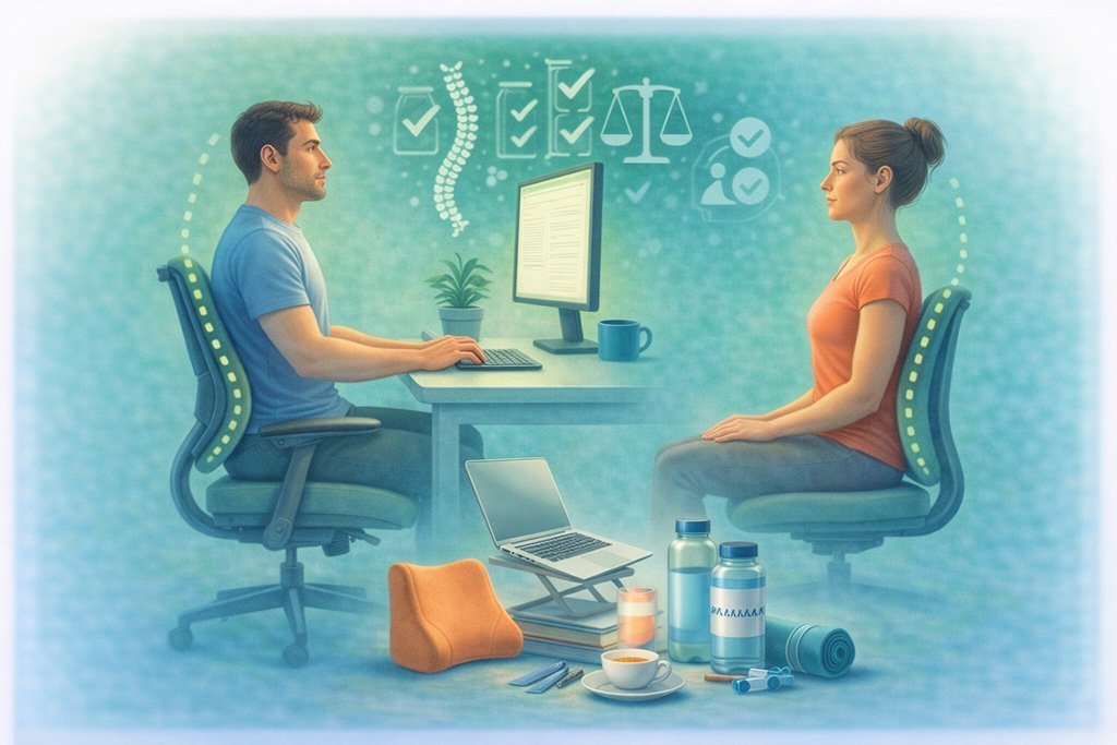 Young adults sitting with proper posture at an ergonomic workstation to support spine health and prevent back pain