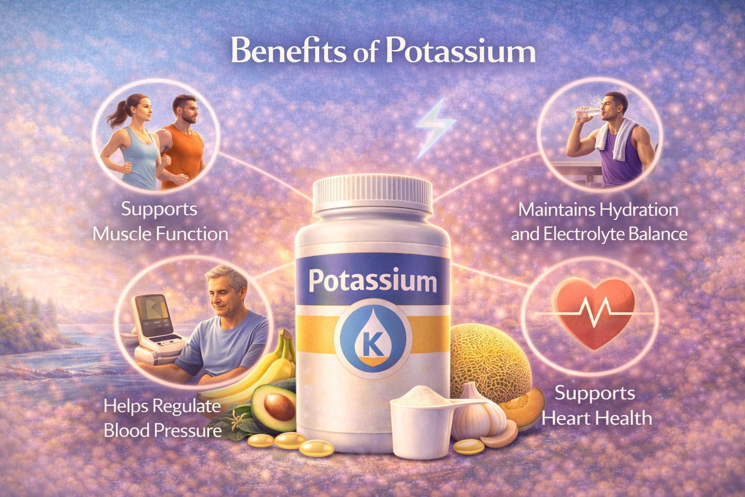 Infographic showing key benefits of potassium including electrolyte balance, muscle function, heart health, and blood pressure support
