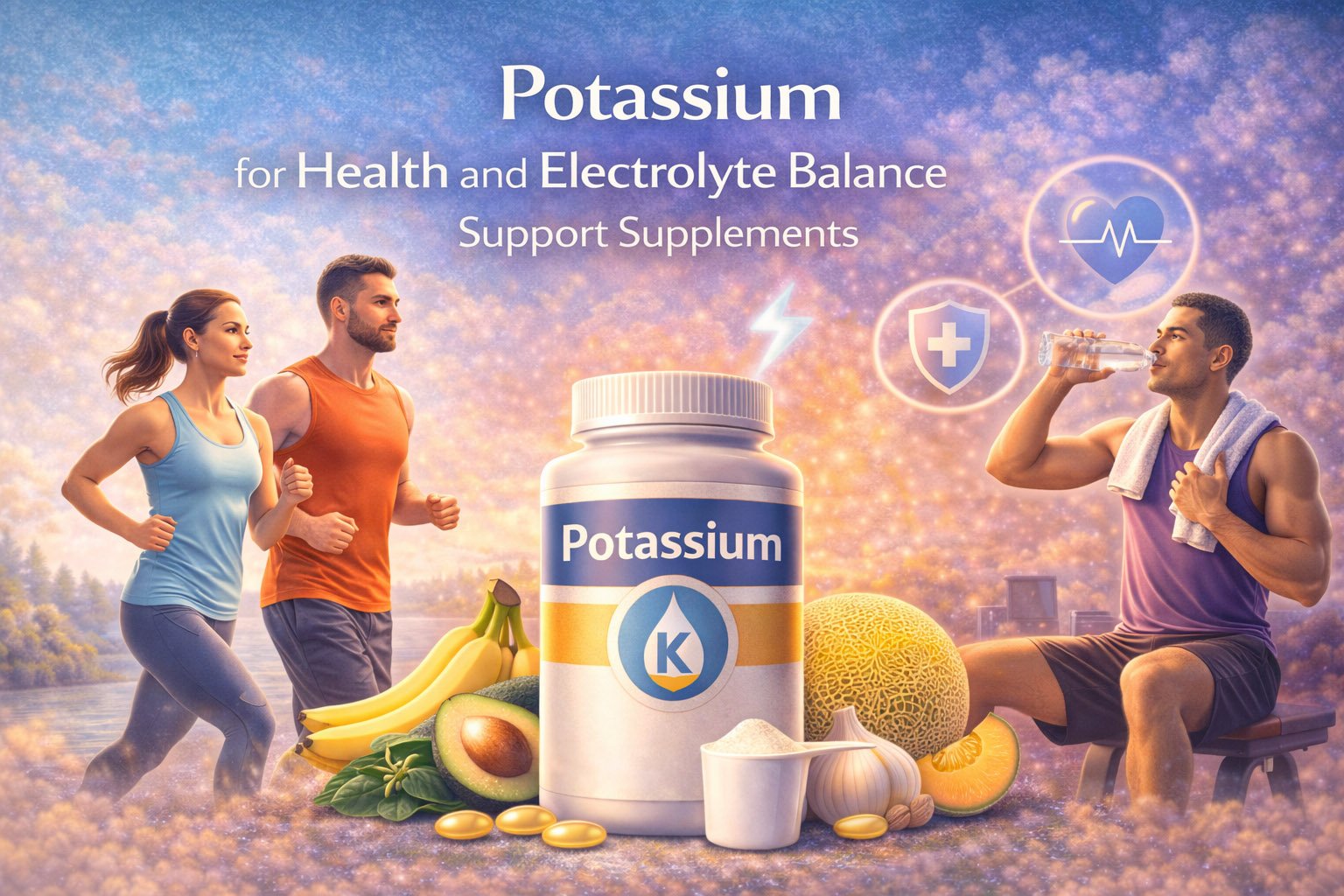 Potassium supplement infographic showing benefits for electrolyte balance, muscle function, hydration support, and heart health