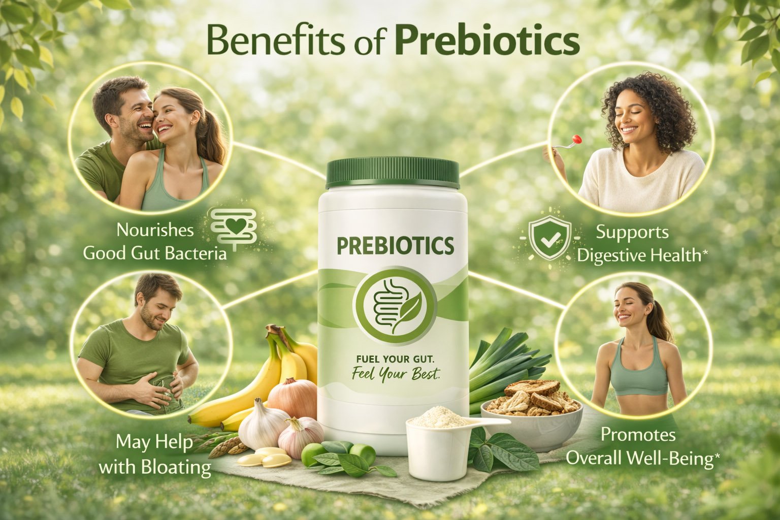 Infographic showing key benefits of prebiotics including gut microbiome support, improved digestion, bowel regularity, and nutrient absorption