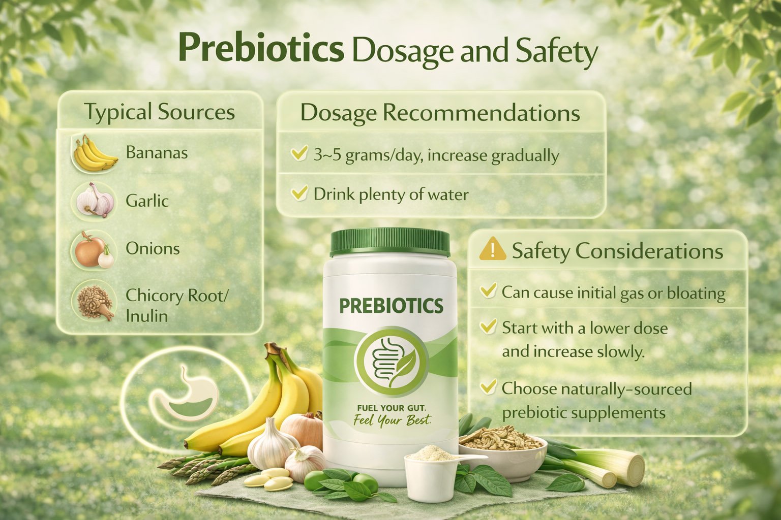 Infographic showing prebiotics dosage recommendations, safety guidelines, and proper supplement use for digestive and gut health support