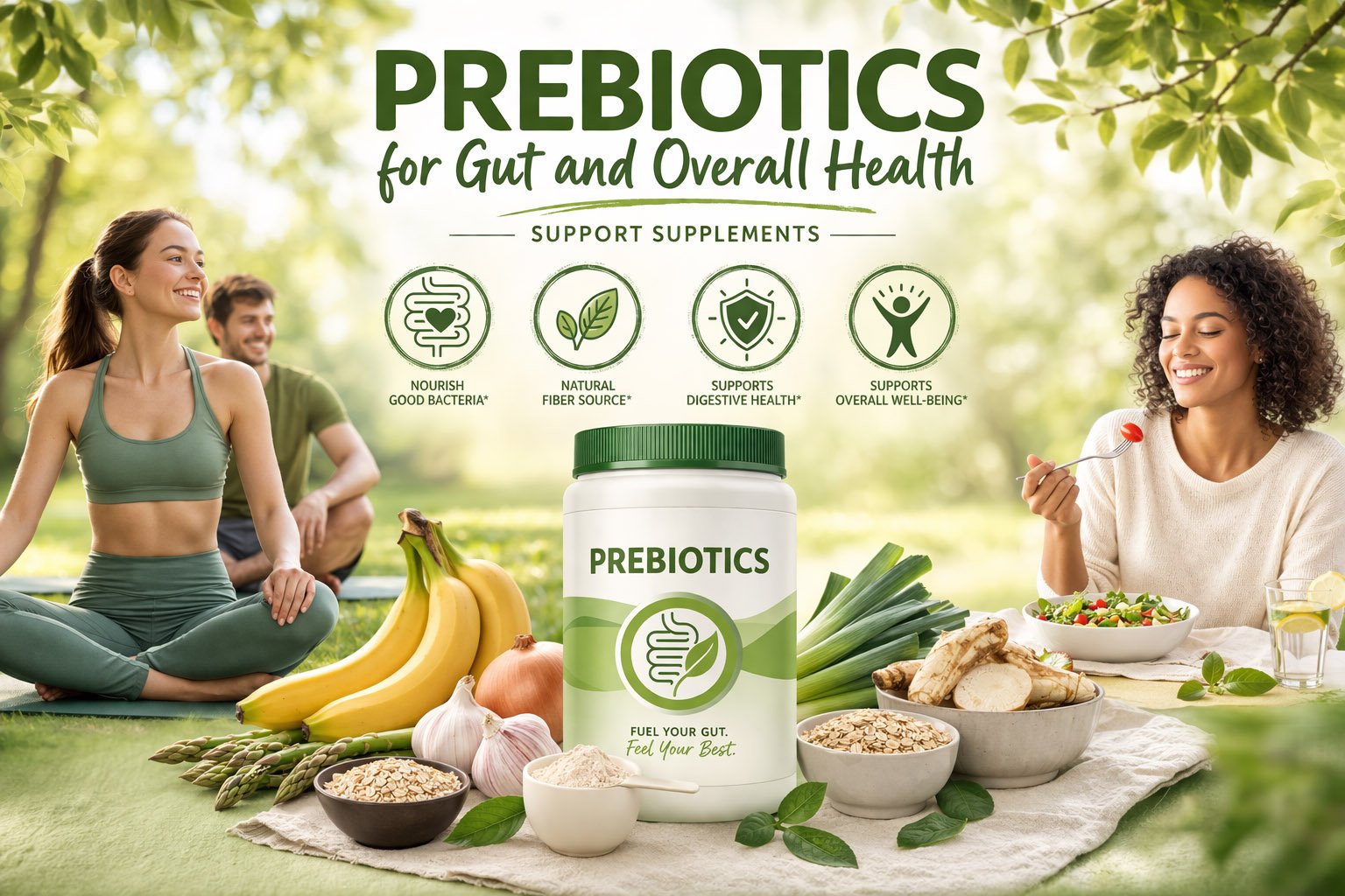 Prebiotics supplement infographic showing benefits for gut health, microbiome nourishment, digestive support, and regular bowel function