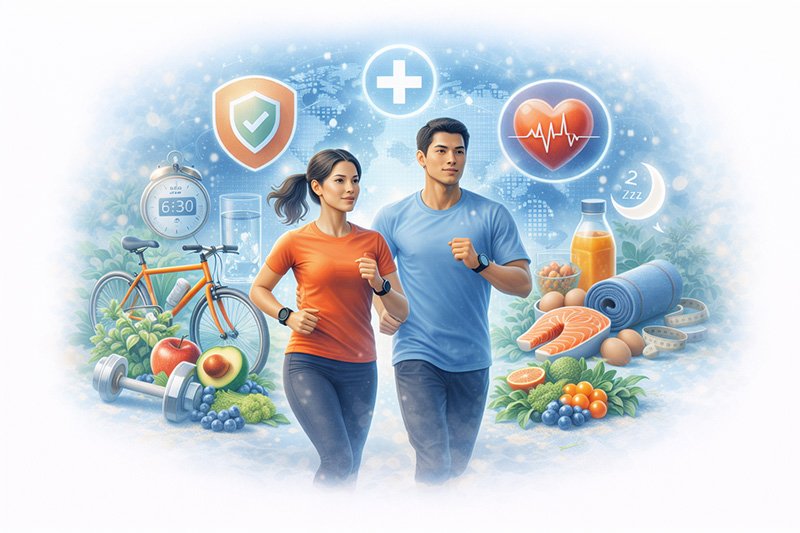Illustration showing healthy lifestyle habits, including physical activity, balanced nutrition, hydration, and preventive health behaviors.