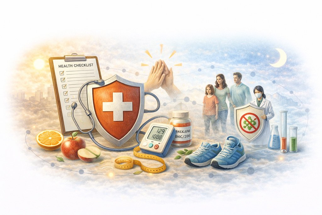 Illustration representing a prevention-first approach to health, including healthy lifestyle habits, regular monitoring, and disease prevention strategies
