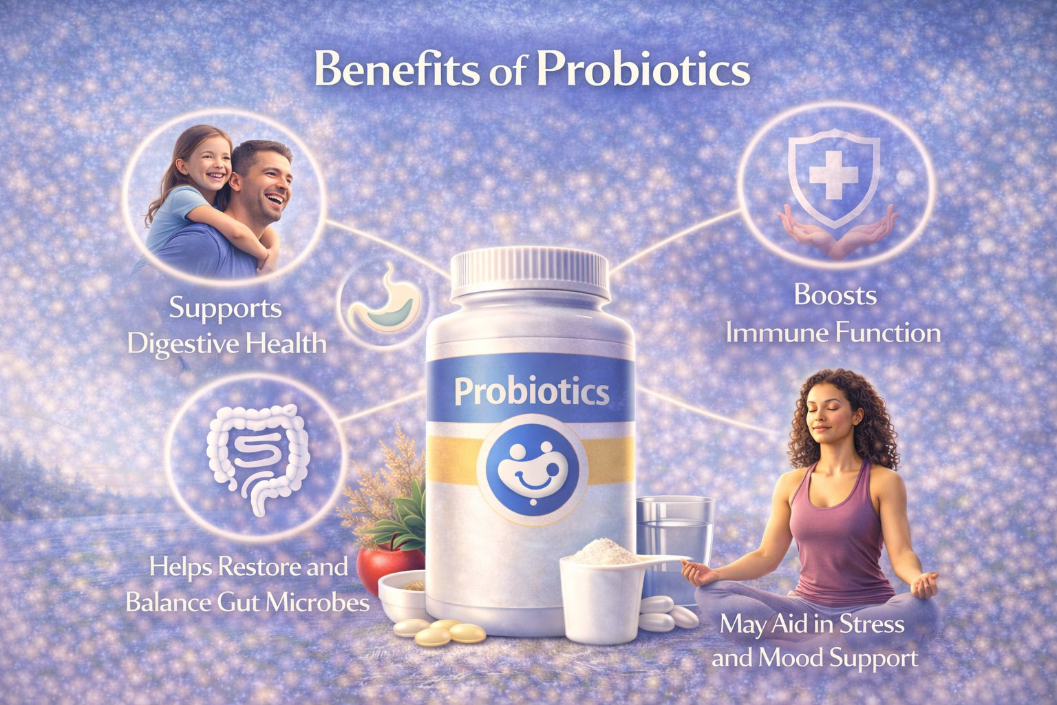 Infographic showing key benefits of probiotics including improved digestion, gut microbiome balance, immune support, and digestive comfort