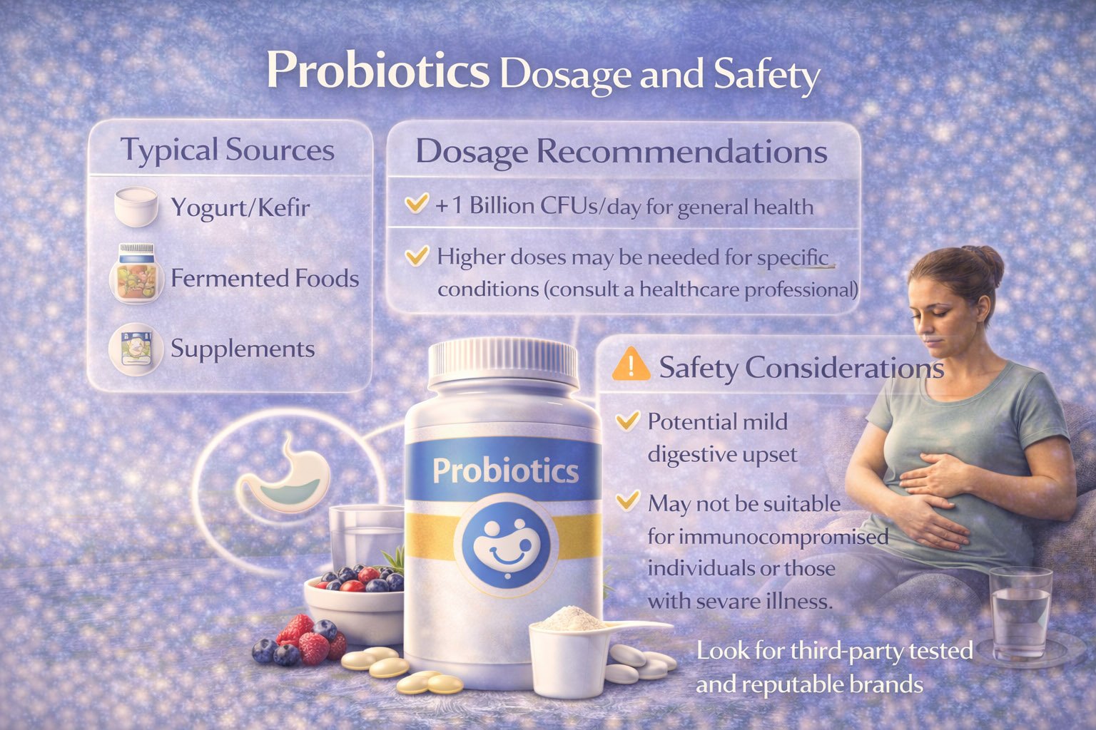Infographic showing probiotics dosage recommendations, safety guidelines, and proper supplement use for digestive and immune health support