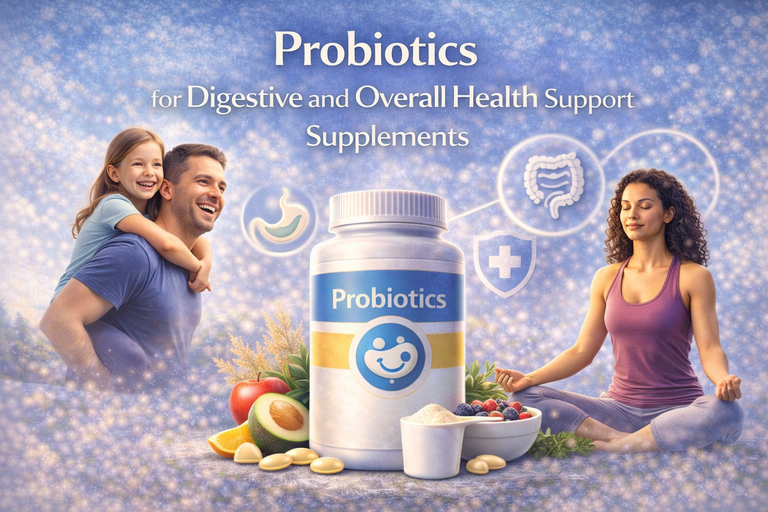 Probiotics supplement infographic showing benefits for digestive health, gut microbiome balance, immune support, and overall wellness