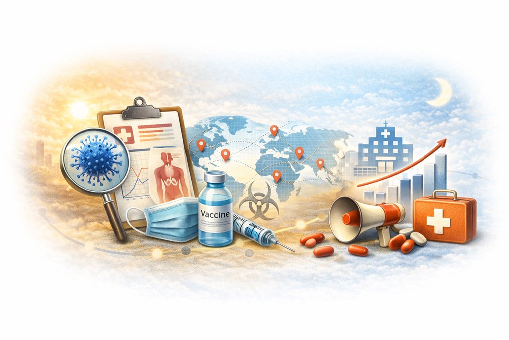 Illustration representing public health and epidemiology concepts including vaccination, disease monitoring, and global health surveillance