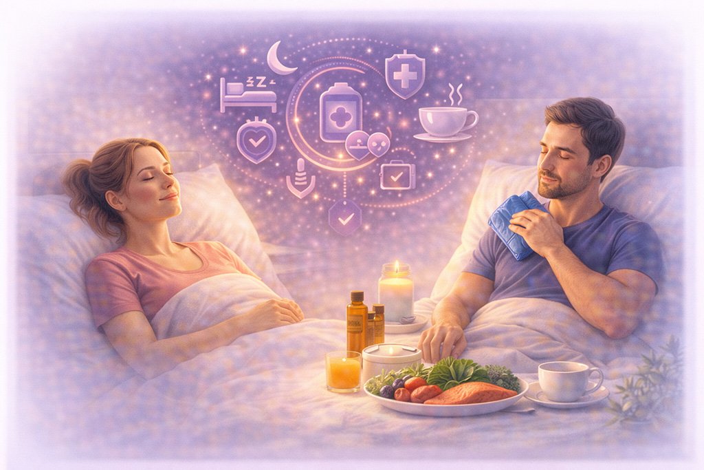 Young adults resting and recovering through sleep, relaxation and healthy habits that support physical and mental recovery