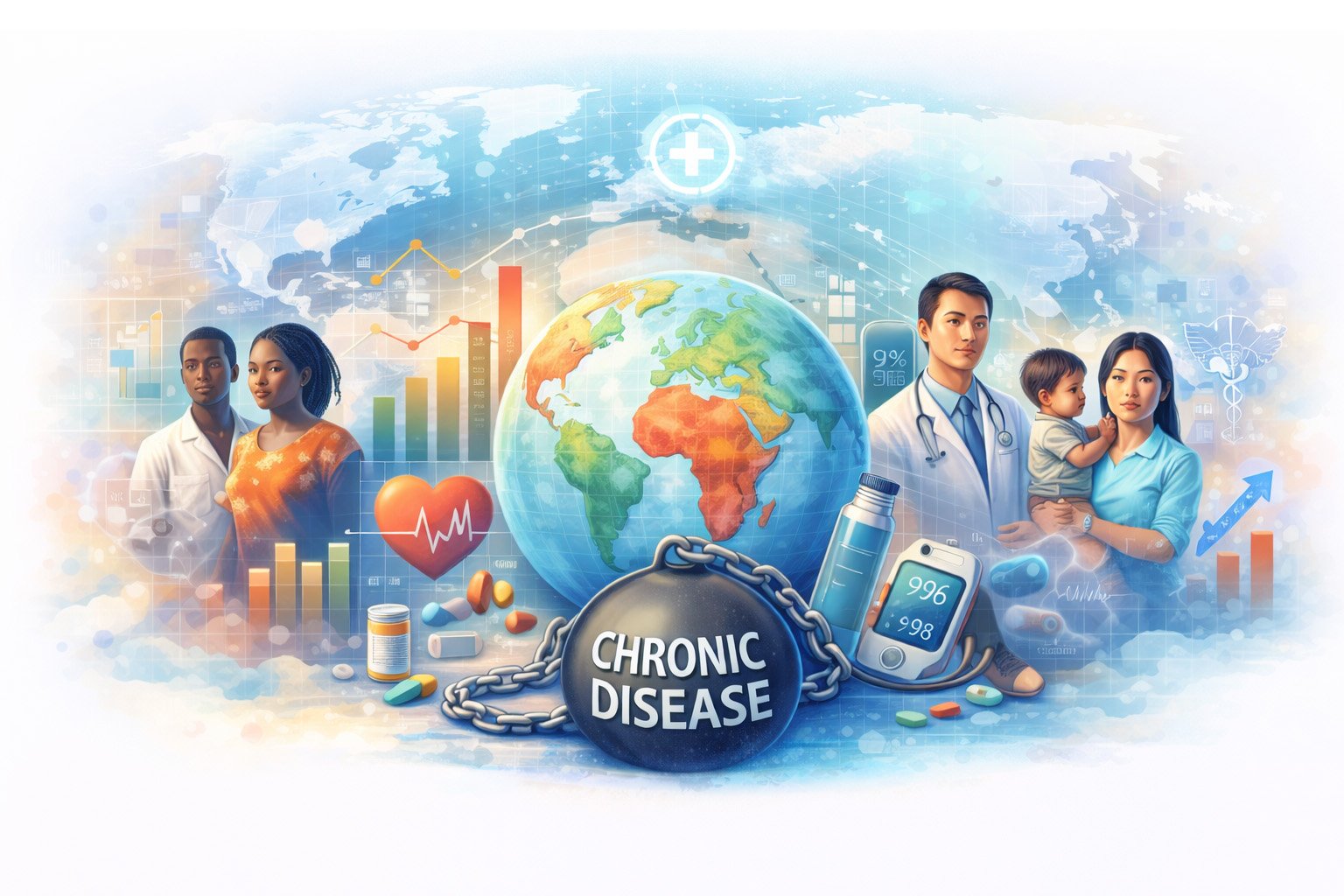 Illustration showing regional health outcomes across different populations, highlighting healthcare access, disease risk, and global health disparities.